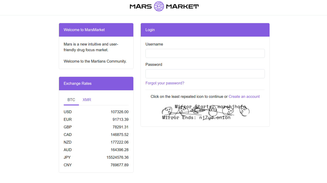 Mars Market Security Login Interface